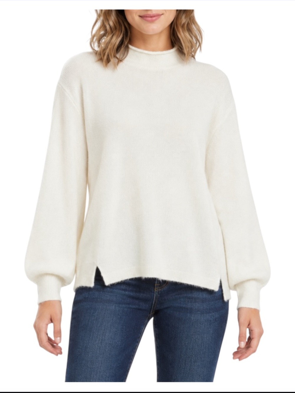 Gibson Latimer Sweater Women’s Large Ivory Mock Neck Balloon Sleeve Relaxed Knit